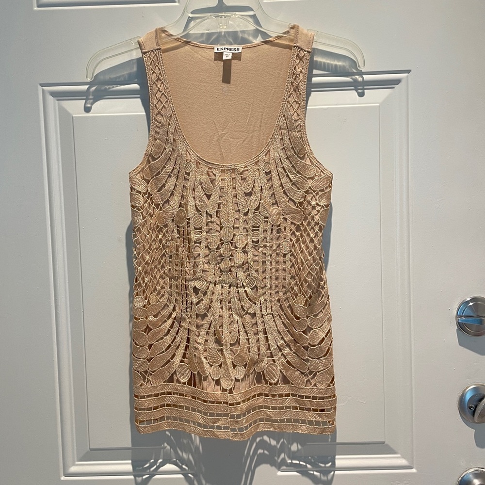 Express Shimmer Sparkle Neutral Nude Tan Cream Lace Sleeveless Tank Top Size XS